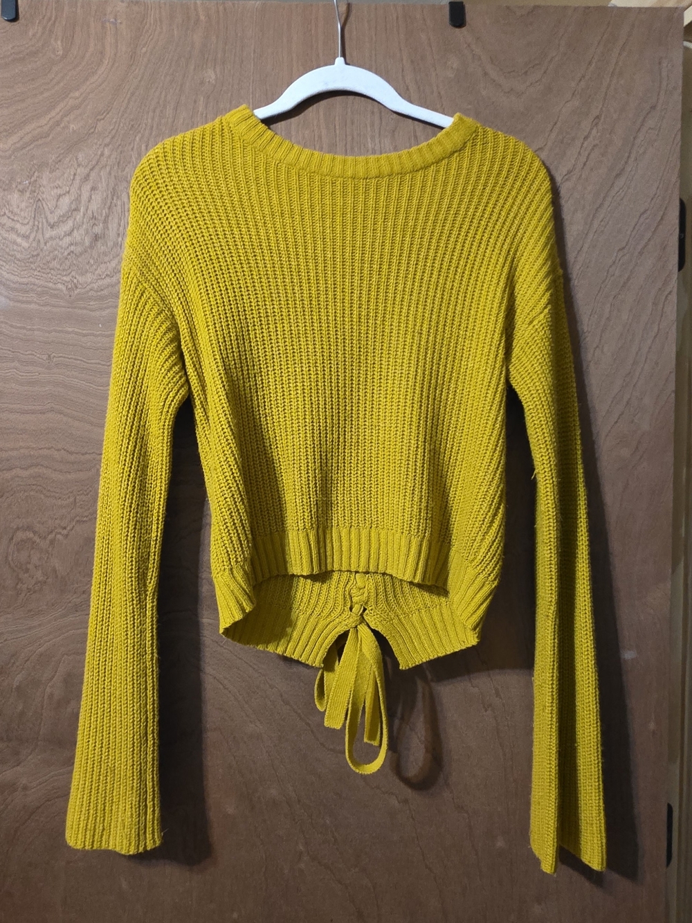 Poof! Mustard Yellow Crewneck Knit Sweater with Tie-Back
